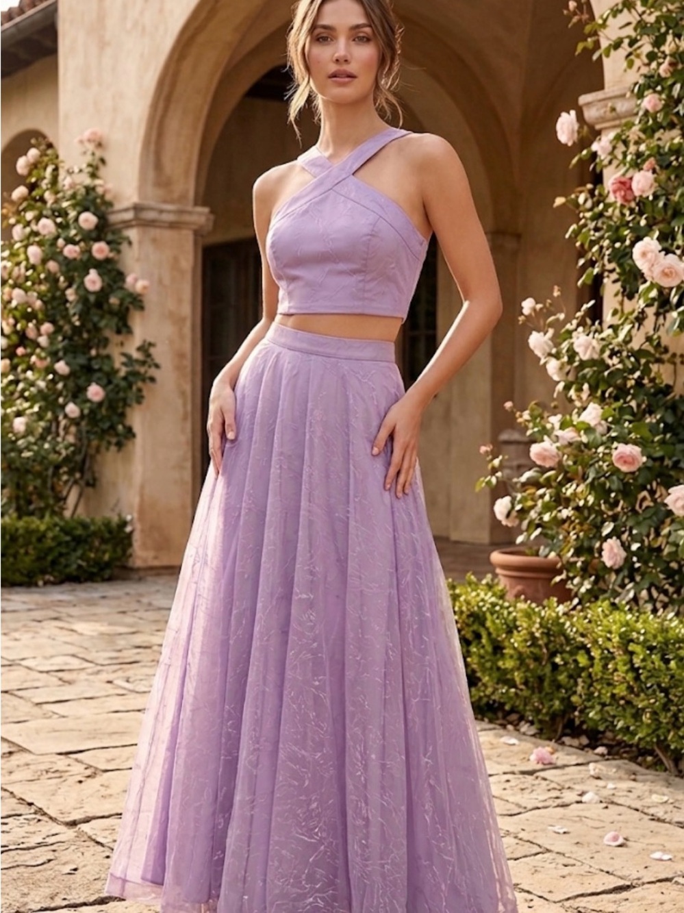 Lulus Lilac Crisscross Crop Top & Flowing Maxi Skirt Set XS NWT
